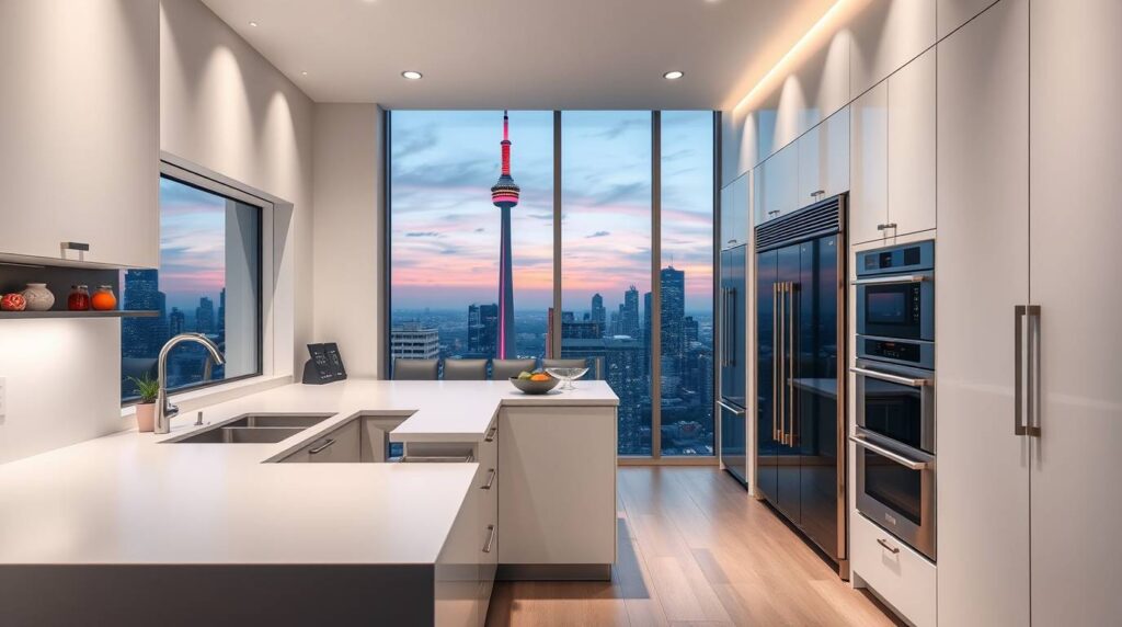 Custom kitchen cabinetry in a modern Toronto home with island and quartz countertops by Miraya Cabinetry, Concord ON