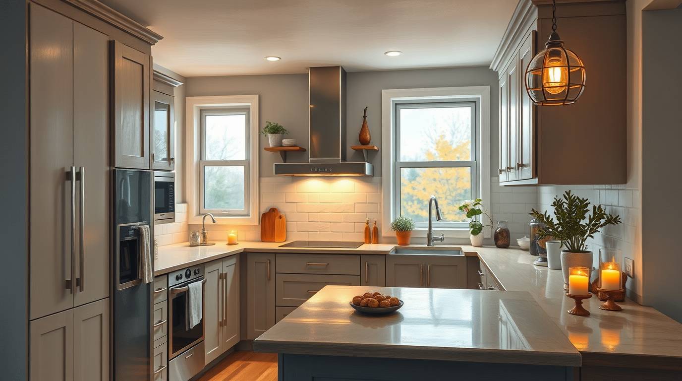 Modern North York kitchen interior, eco-friendly cabinetry, compact and stylish Canadian kitchen, realistic lighting and textures