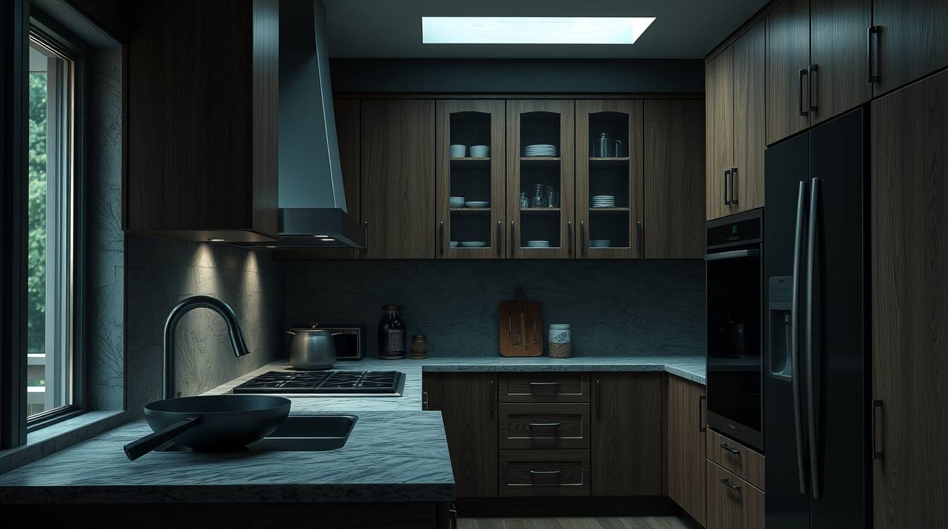 Comparison of maple, thermofoil, and MDF kitchen cabinets in North York Canadian home, realistic materials, high-quality textures