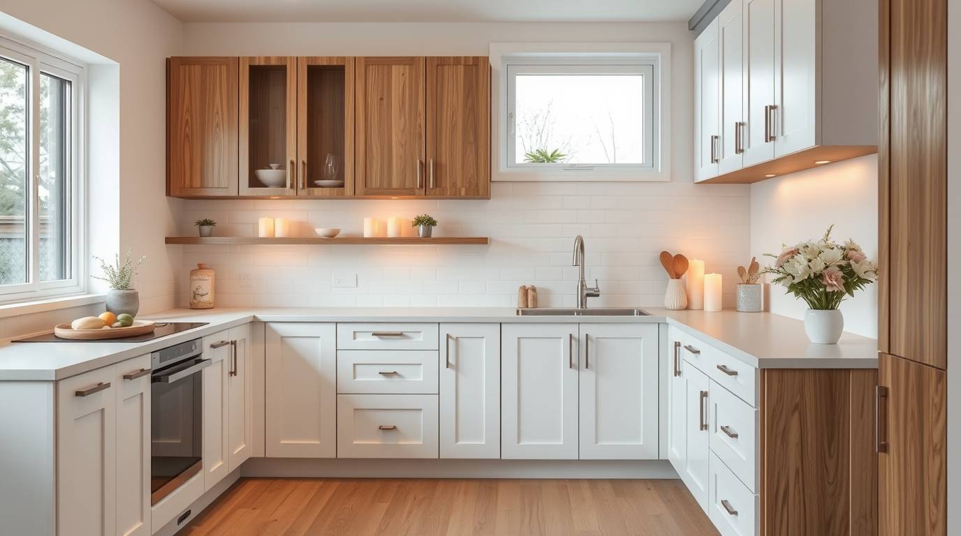 Modern North York kitchen with custom shaker cabinets, Canadian home interior, bright and realistic kitchen design, natural wood accents