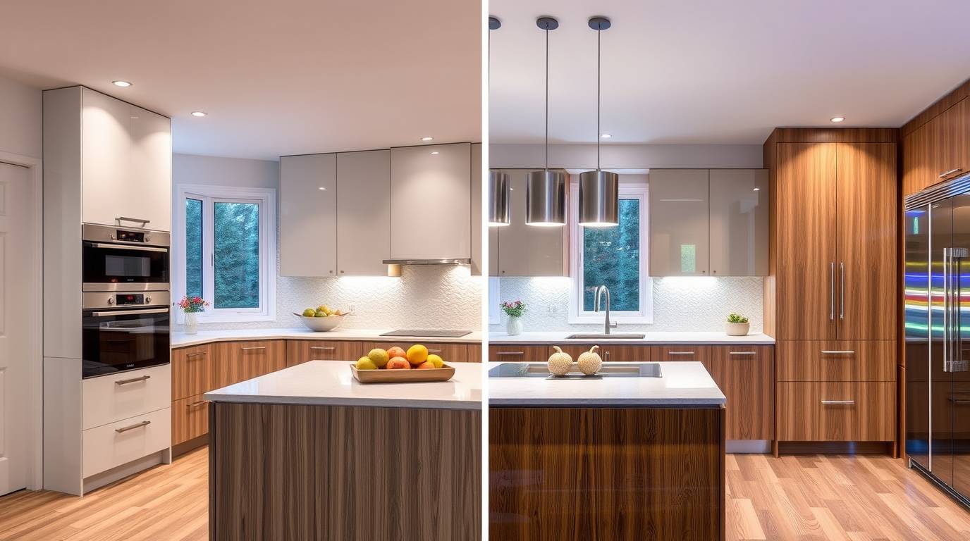 Thermofoil vs solid wood kitchen cabinets in North York, Canadian home kitchen, modern materials comparison, realistic textures